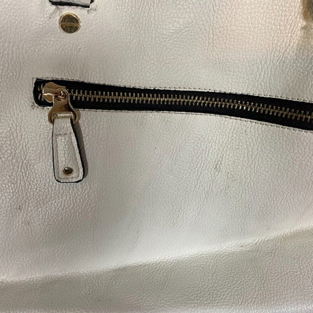 Two-Tone Women's White Black Leather Satchel Tote Bag Large - Picture 7 of 11